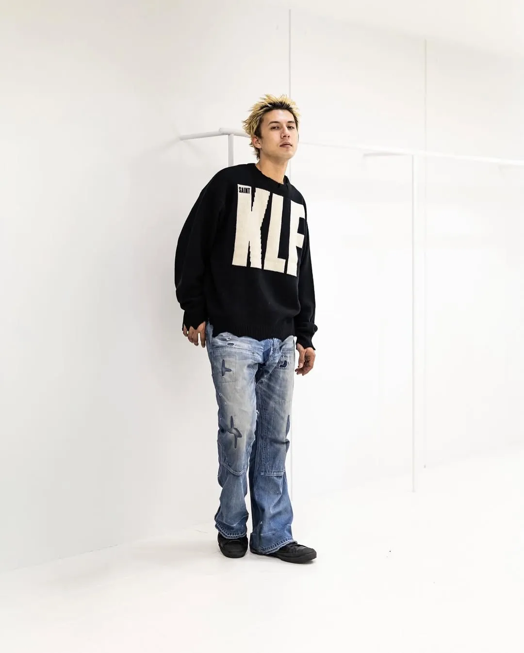 SAINT Mxxxxxx × The KLF KLF_CREW NECK KNIT/BLK KLF joint deconstructed wool sweater, black S-XL, original heel, made of 100% pure wool, natural and warm, wool fabric, dry cleaning or gentle hand washing recommended, completely correct version, customized KLF joint main mark/wash mark, imported special machine embroidery, full three-dimensional, pure hand destruction, deconstructed and shredded